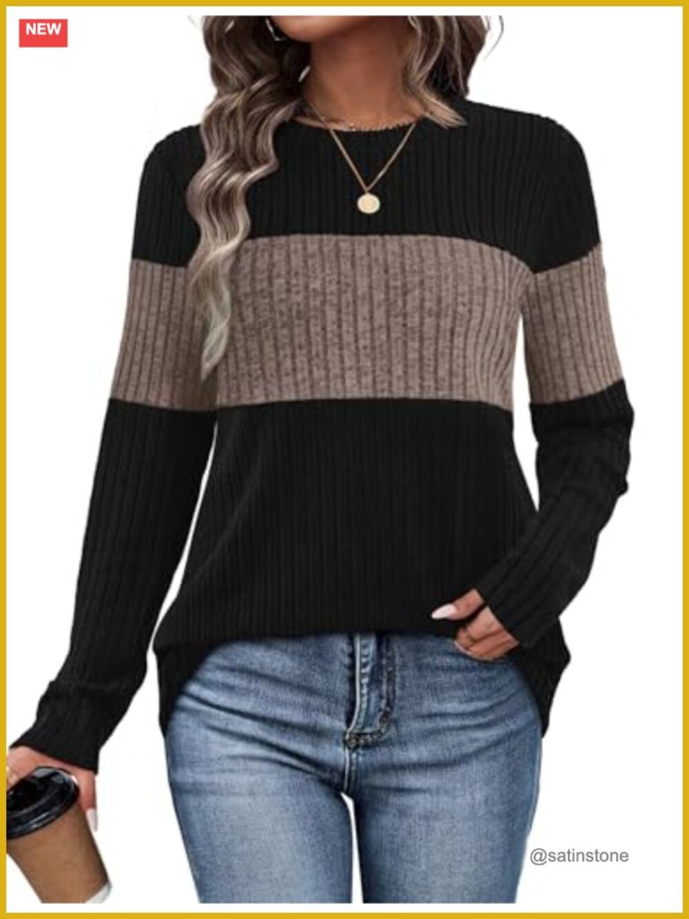Womens Color Block Sweater Pullover Long Sleeve Crew Neck Tunic Top Loose Fit